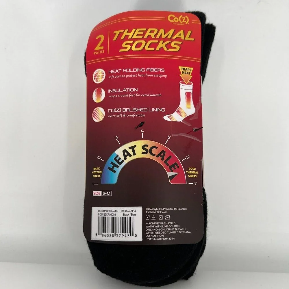 Thermal Socks 2-Pack Insulating Crew Socks Co(Z) sz S/M Men's 4-8/ Women's 5-9